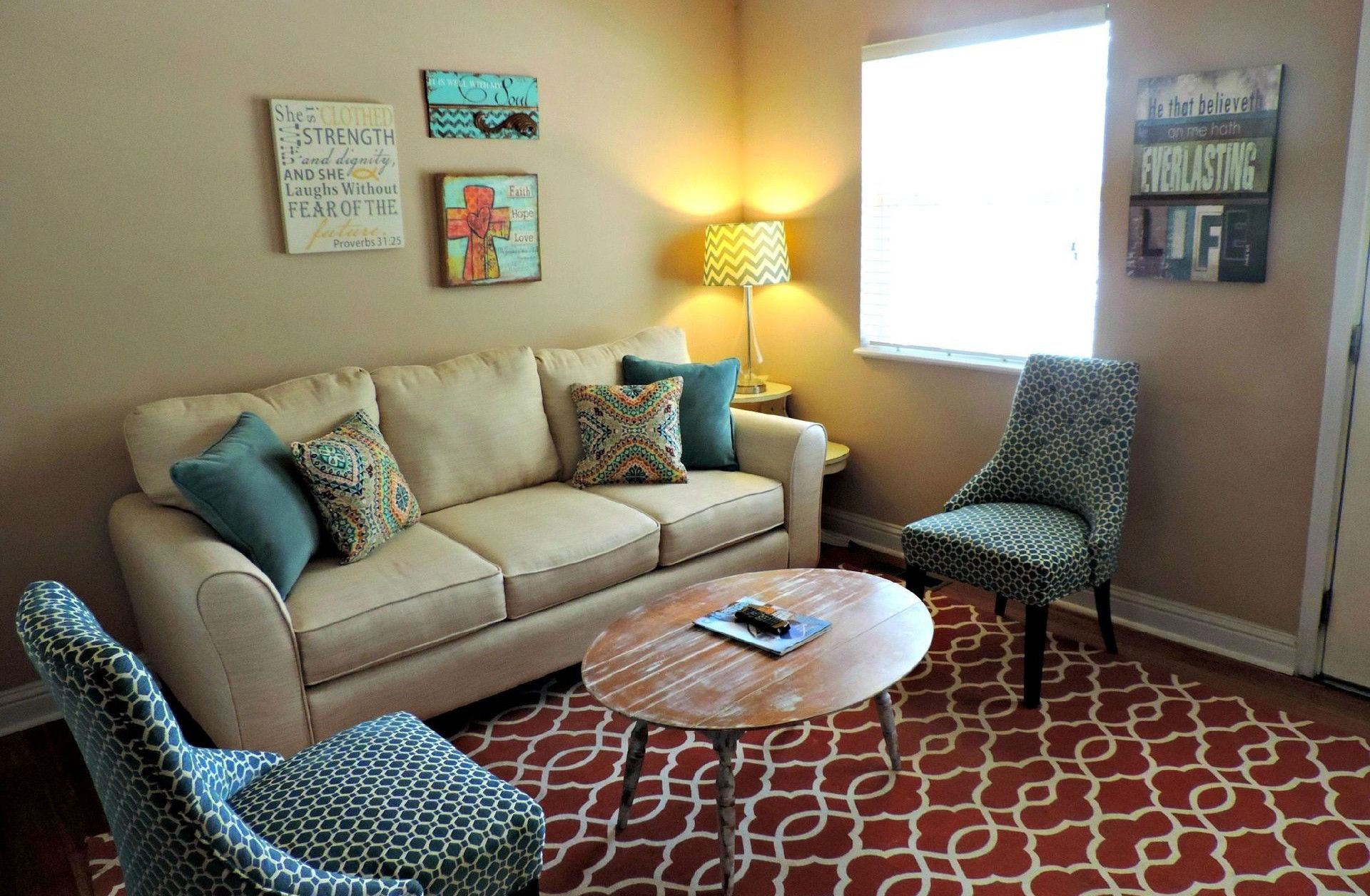 Bright living room with elegant furniture and modern decor, perfect for relaxation.